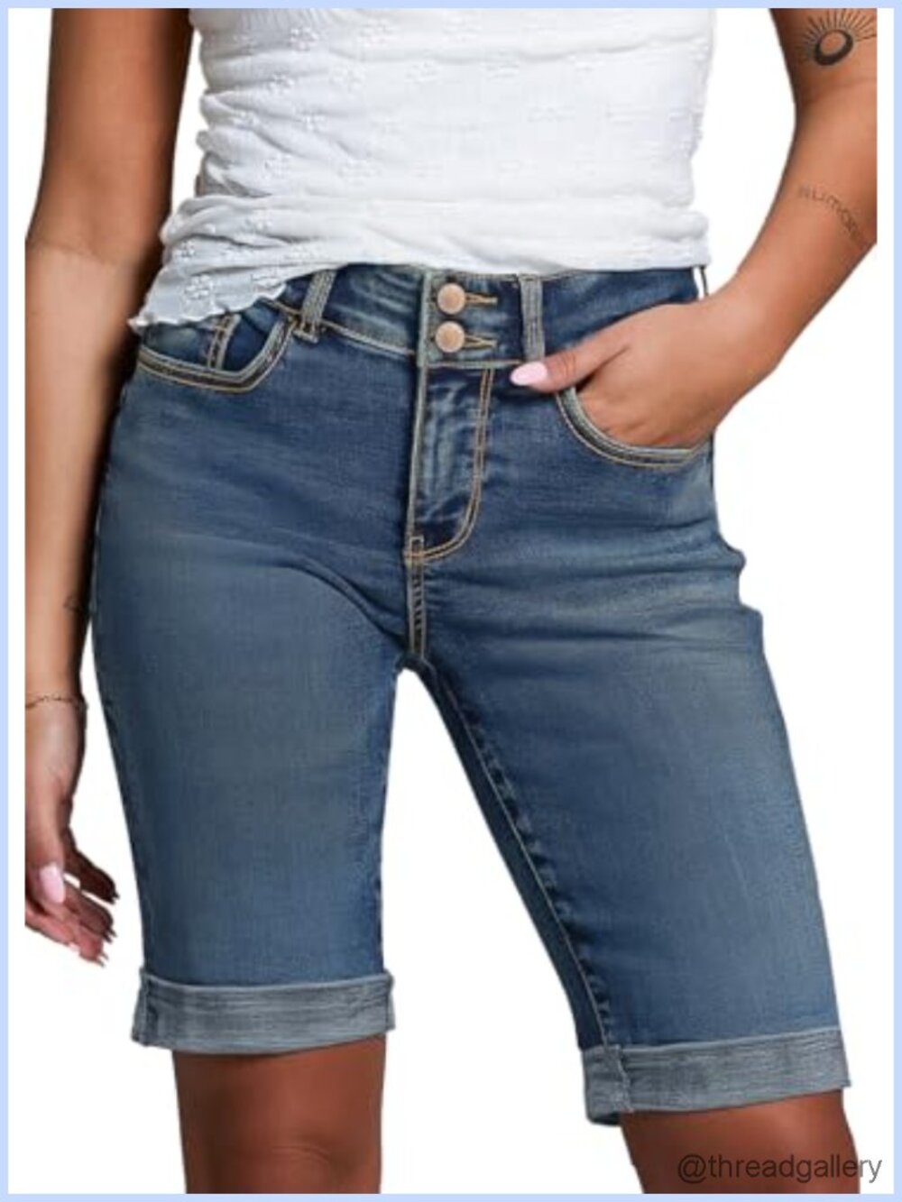 High Waisted Stretch Bermuda Jean Shorts Folded Hem Summer Denim